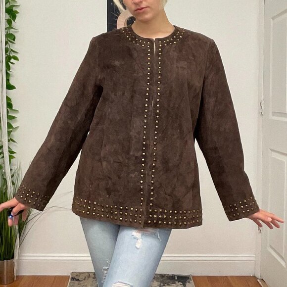 Laura Ashley Studded Leather Jacket Top Crew Neck Long Sleeve Size XL Brown - Picture 1 of 11